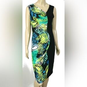 Joseph Ribkoff Asymmetrical Yellow and Green Sheath Dress